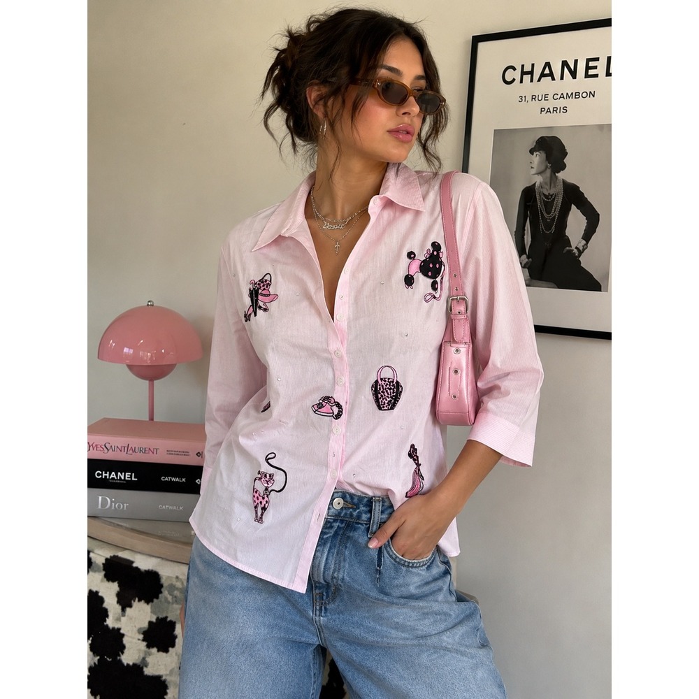 MiLi Designs Pink Embroidered Poodle Leopard Novelty Button Down Shirt S